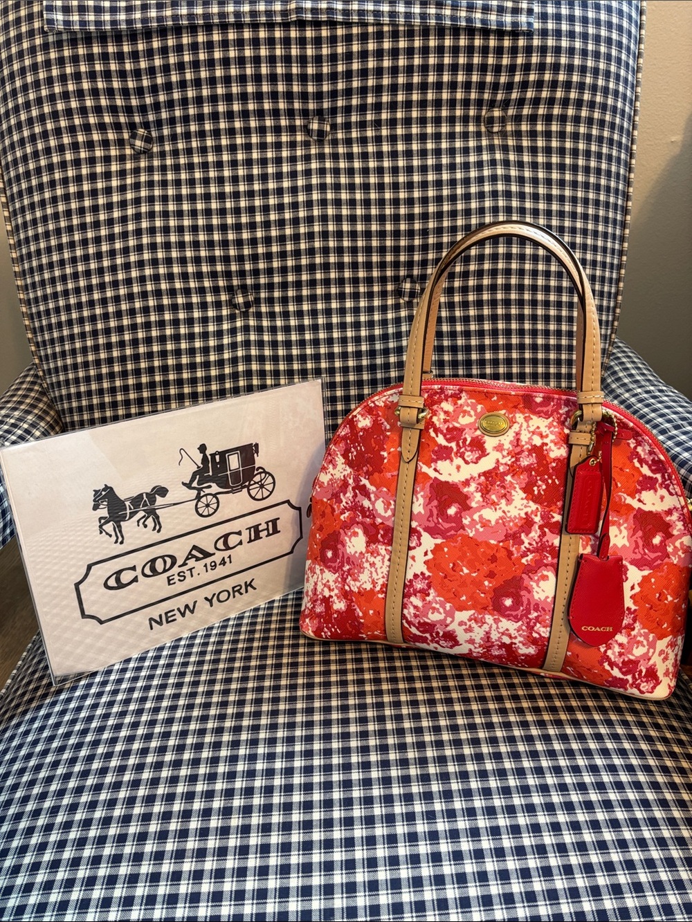 Coach Peyton floral Cora Red and White Dome Satchel with Tan Trim